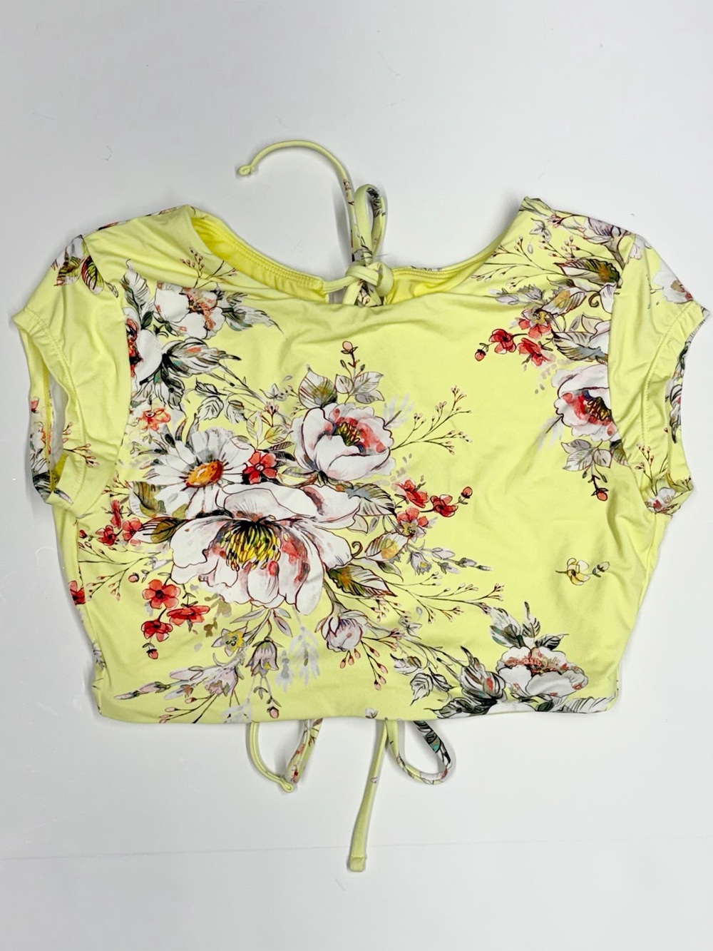 NEW BCBGeneration XS Floral Tie-Back Yellow Women's short sleeve Crop swim Top